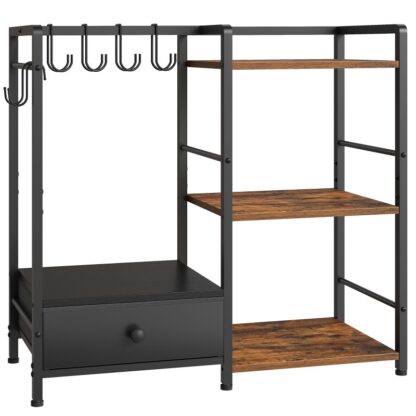 Schwarz und rustikaler brauner 3-tierender Geldbeutel Organizer für den Schrank, Multifunktionaler Geldbeutelregal mit 6 Haken, Bodenstehende Handtasche Lagerstange mit Schublade, für Garderobe, Foyer, Schlafzimmer