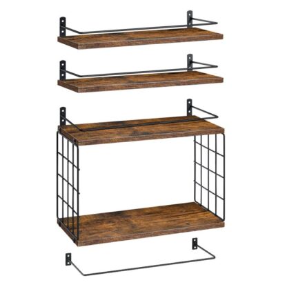 4+1 tier floating shelves, bathroom shelves over toilet with wire storage basket, wall mounted floating shelf for wall decor, wall shelf for bathroom living room kitchen rustic brown