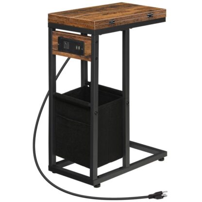 c shaped side table with charging station, foldable end table with fabric bag, sofa couch table coffee table snack table for small space living room, bedroom, rustic brown and black