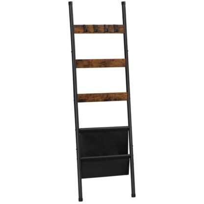 Deckenleiter, 5 Etagen-Handtuchhalter, 17.3" l x 63" H, Wandleuchterdecke, Dekorationsleiterhalter mit 4 Haken und Tasche, Trocknen und Ausstellungsregal für Badezimmer, rustikales Braun