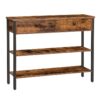console, table de couloir avec 2 tiroirs et 2 étagères, table de canapé avec cadre en métal robuste, pour l'entrée, couloir, salon, brun vintage / noir