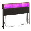 Tête de lit queen avec une station de charge, Lumière LED, Stockage, Style industriel, Hauteur réglable, Brun rustique & Noir