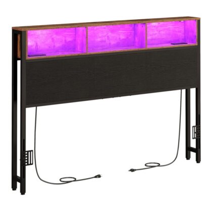 Testiera queen size con stazione di ricarica, Luce a led, Magazzinaggio, Stile industriale, Altezza regolabile, Marrone rustico & Nero