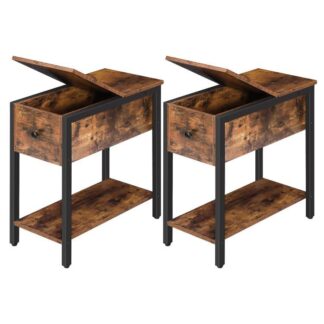 Tablas laterales Juego de 2, Tabla final volteada con estante de almacenamiento, mesita de noche estrecha para espacios pequeños, Construcción estable y resistente, marrón rústico