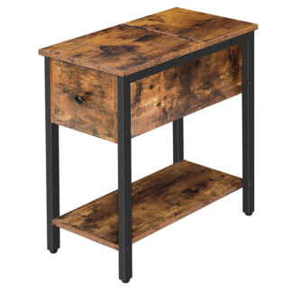 endebord, Flip Top Side Table med oppbevaringshylle, smal nattbord for små områder i stuen, soverom, industriell, Stabil og solid konstruksjon, rustikk brun og svart