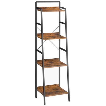 4-Étagère échelle à niveaux, Bibliothèque étroite, Bibliothèque industrielle, Bibliothèque fine pour les petits espaces, Étagère de rangement d'angle pour bureau à domicile, Salon, Brun rustique et noir