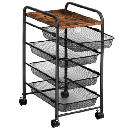 kitchen storage cart, 4 tier rolling cart with wheels, industrial bar cart, lockable utility cart with mesh baskets for narrow space on dining room bathroom, rustic brown and black,