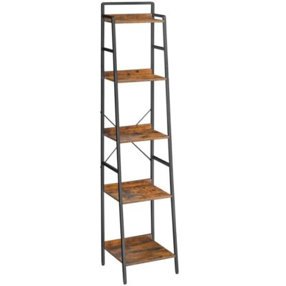Mensola a scala, Libreria stretta, 5-Libreria a più livelli con struttura in metallo, Ripiano alto, Mobile contenitore industriale per l'home office, Soggiorno, Camera da letto, Marrone rustico e nero