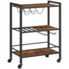 carrello da bar per la casa, 3-carrello da cucina a livello con ruote, carrello del caffè, carrello da vino con porta d'investione e supporto di vetro, carrello da servizio rotolante per soggiorno, festa, sbarra, noce e nero