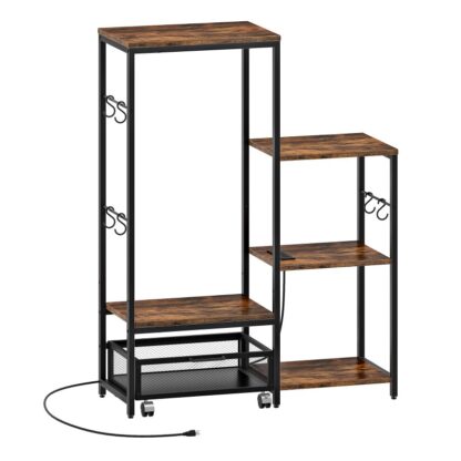 Rack de padeiros de cozinha industrial com tomada, Mini -frigorífico marrom e preto rústico com cesta de armazenamento móvel, Microondas Stand Coffee Bar com 6 Ganchos em forma de S, para casa, Escritório, Dormitório