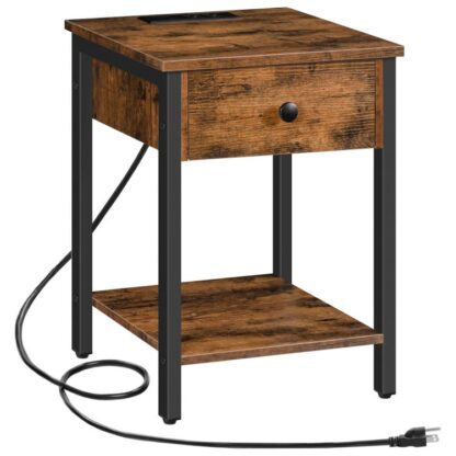 Nachttisch, Beenden Sie den Tisch mit Ladestation und USB -Anschlüssen, Seitentisch mit Schubladen und Lagerregal, Nachttisch für kleine Räume und Schlafzimmer, rustikales Braun