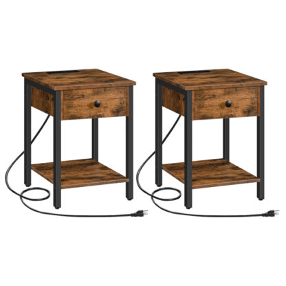 set of 2 end tables with charging station and usb ports, nightstand with drawer and storage shelf, bedside table for small spaces, bedroom, rustic brown and black