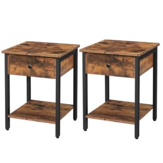 sett med 2 nattbord, 2-Tier endebord, Industrielt sidebord med skuff og lagringshylle, tre aksentbord med metallramme, Enkel montering, rustikk brun