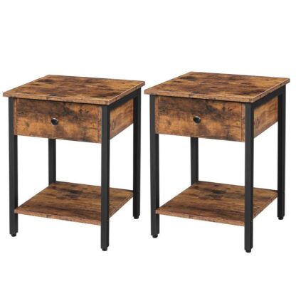 sett med 2 nattbord, 2-Tier endebord, Industrielt sidebord med skuff og lagringshylle, tre aksentbord med metallramme, Enkel montering, rustikk brun