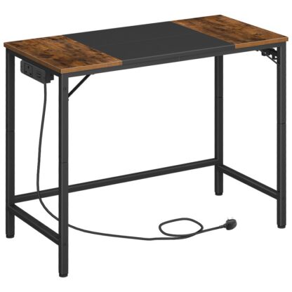 Computer Desk, Office Desk mat Power Outlet, Computerdësch mat 4 Haken, Modern Studie Schreifdësch fir Studieraum, Home Office, Industriell Design, Rustikal Braun a Schwaarz