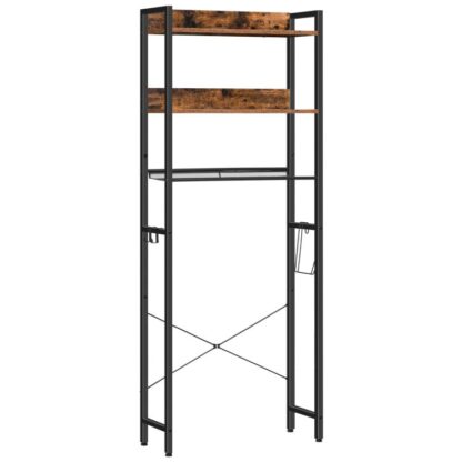 Rangement au-dessus des toilettes, 3 Organisateur de salle de bain à plusieurs niveaux avec support de rangement pour papier et 4 Crochets fonctionnels, Étagères de salle de bain au-dessus des toilettes, Facile à assembler, Brun rustique