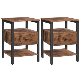 nightstand sraith de 2, Tábla deiridh le tarraiceán agus 3 seilfeanna stórála, Tábla taobh stíl Tionsclaíoch Retro, don seomra suí, seomra codlata, comhthionól éasca, donn tuaithe