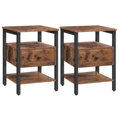 nattbord sett med 2, sluttbord med skuff og 3 oppbevaringshyller, Retro industriell stil sidebord, for stue, soverom, Enkel montering, rustikk brun