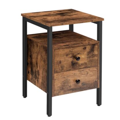 table de nuit, table de chevet avec 2 Tiroirs et étagères de rangement, table d'appoint, table de canapé pour le salon, chambre à coucher, mobilier accent, assemblage facile, brun rustique et noir