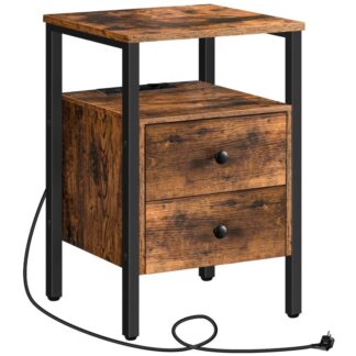mesa de cabeceira com soquetes e portas USB, mesa lateral com gavetas e área de armazenamento para pequenos espaços, sala de estar, quarto, fácil de montar, vintage