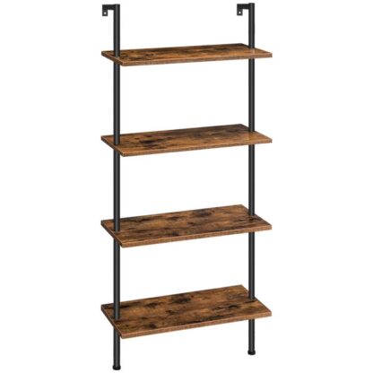 DIY stigerhylle, 4-Tier veggmontert bokhylle, Kontor vertikal bokhylle, Tremagringshyller for hjemmekontor, Soverom, Rustikk brun og svart