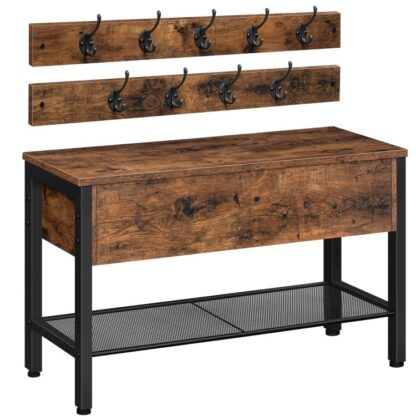 banco para guardar sapatos, Bench Rack de sapato com caixa de armazenamento de elevação, segura até 240 Libra, banco de sapato para cabideiro, Árvore do salão, entrada, quarto, corredor, industrial, marrom rústico e preto