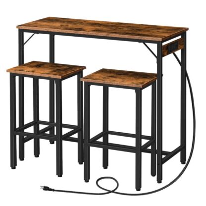 Mesa de barra de nidificação Conjunto com saída de energia, Mesa de bar e cadeiras, 3-peça de mesa de pub, Mesa de altura da barra de cozinha com fezes de 2, para sala de estar, sala de jantar