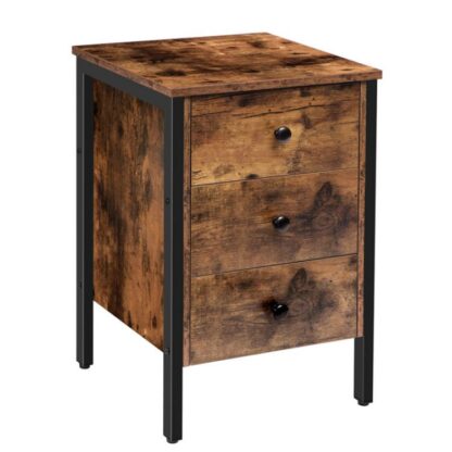 Nuetsstand, Enn Dësch mat 3 Tirängen a Späichere Regal, Retro Industriell Style Enddësch, Fir Wunnzëmmer, Schlofkummer, einfach Versammlung, rustikal brong