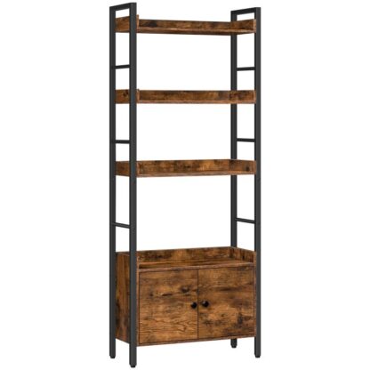 4-scaffale di livello con le porte, libreria di legno industriale con deposito, Scaffale di stoccaggio con binari protettivi, per soggiorno, ufficio a casa, rustico marrone e nero
