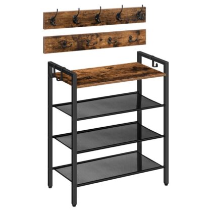 Shoe Rack, 4 Tier Shoe Storage Organizer with Coat Hooks, Entryway Furniture Set, 3-in-1 Design, Wooden Furniture with Metal Frame, for Hallway, Closet, Rustic Brown