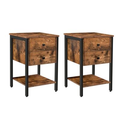 Noční stojany 2, koncová tabulka s 2 zásuvky a otevřená police, Square End Table for Storage, lůžkový stůl v obývacím pokoji, ložnice, dřevěný vzhled s kovovým rámem, rustikální hnědá