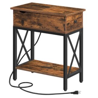 Smalt endebord med ladestasjon, Nattbord med skuff & USB-porter & Strømuttak, Flip Top Side Table for små mellomrom, Stue, Soverom, Stabil og solid, Rustikk brun