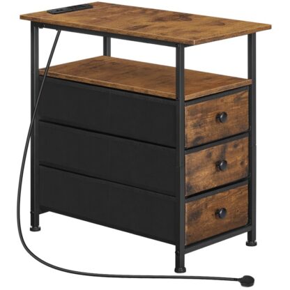 Mesita de noche delgada con estación de carga, Mesa auxiliar estrecha con 3 Cajones de tela no tejida, Mesa auxiliar con puertos USB y tomas de corriente, para espacios pequeños, Marrón rústico y negro.