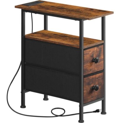 Table de bout avec station de recharge, Table d'appoint étroite avec 2 Tiroirs en tissu, Nightand skinny avec rangement, Table de chevet mince pour le salon, Petites espaces, Brun rustique et noir