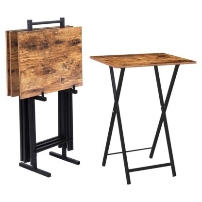Táblaí Tráidire Teilifíse Folding, sraith de 4 Tráidire teilifíse le raca stórála, Tábla taobh tionsclaíoch le haghaidh ithe ag tolg, tábla sneaiceanna foldable do spás beag, comhthionól éasca, Rustic donn agus dubh