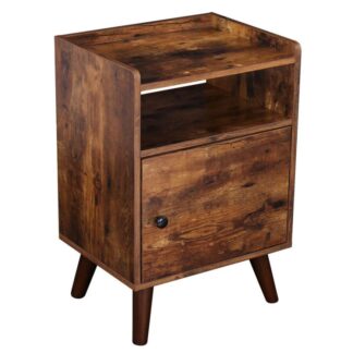 Mesita de noche de madera, Mesita de noche de madera con puerta intercambiable, Mesa auxiliar para espacios pequeños, Mesa decorativa con apariencia de madera, Construcción estable y robusta, Marrón rústico