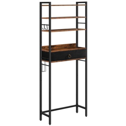 Almacenamiento sobre el inodoro, 5 Organizador de baño escalonado con cajón de almacenamiento, Ahorrador de espacio en el baño independiente con ganchos para la colada, Soporte de papel higiénico, Estable y resistente, Marrón rústico