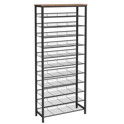 Schong Rack fir Zoumaache, 12-Tier grouss Kapazitéit Schong-Sazoryer fir 35-45 Puer Schong, Stoen Shoe Regal mat slantiséierte Regaler, fir Entrée, Kleederschaaf, Gang, Rustikal Braun a Schwaarz