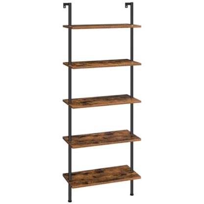 Estante de rack de escada faça você mesmo, 5-Estante de escada montada na parede, Estante vertical para escritório, Prateleira de armazenamento de madeira para home office, Quarto, Sala de estar, Rústico Marrom e Preto