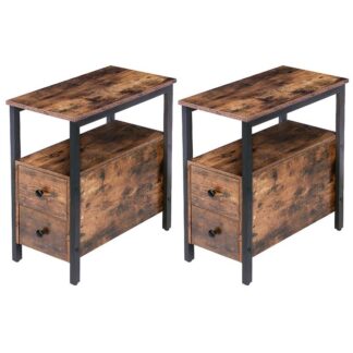 set van 2 bijzettafeltjes, Recliner bijzettafel met 2 lade en open plank, smal nachtkastje voor kleine ruimte, in woonkamer slaapkamer balkon, houten uiterlijk accenttafel, rustiek bruin