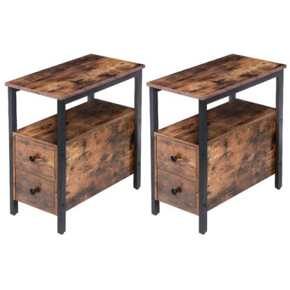 Ensemble de table de bout de 2, Table d'appoint avec 2 Tiroir et étagère ouverte, Table de nuit étroite, Table inclinable, Petit espace, Salon, Chambre à coucher, Table d'appoint aspect bois, Brun rustique et noir