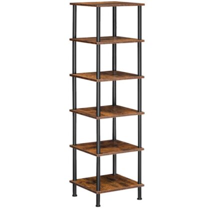 6-prateleira de canto de nível, prateleira de exibição de rack quadrado de canto, suporte de planta de rack de armazenamento alto, Estante de canto para pequenos espaços, sala de estar, escritório em casa, cozinha, marrom rústico e preto