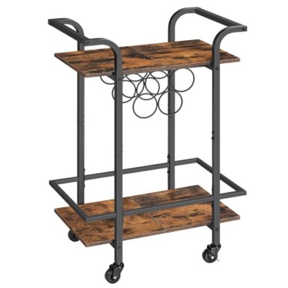 Bar Cart fir d'Haus, 2-Tier servéiert Wuerekuerf mat Wäin Rack, Kichen Cart mat gespaarten Rieder, Rolling Wäin Cart fir Wunnzëmmer, Paperry, bar,rustikal brong a schwaarz