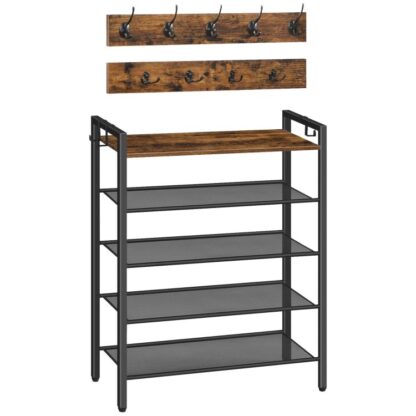 Shoe Rack, 5 Tier Shoe Storage Organizer with Coat Hooks, Entryway Furniture Set, 3-in-1 Design, Wooden Furniture with Metal Frame, for Hallway, Closet, Rustic Brown