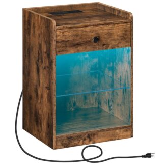nattbord med ladestasjon og LED -lys, sidebord med skuff og oppbevaringshylle, Sluttbord med USB -porter og utsalgssteder, for liten plass, soverom, rustikk brun