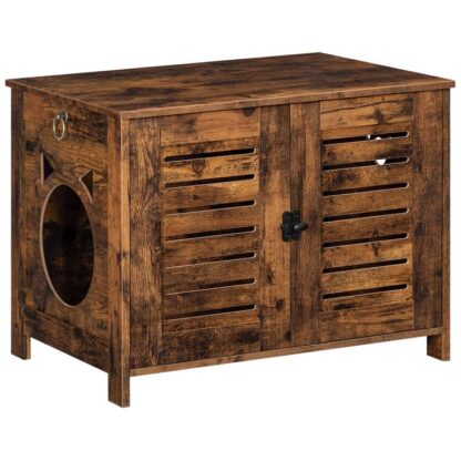 rustic brown hidden cat litter box enclosure, vintage wooden pet furniture with double ventilated shutter doors, indoor breathable cat litter washroom, fits most cat