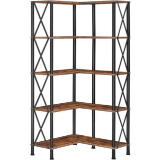 Libreria ad angolo, 5-Libreria a forma di L, Organizzatore di stoccaggio alto per scaffale industriale aperto, Scaffale di stoccaggio verticale, per soggiorno, Ufficio a casa, Marrone rustico e nero