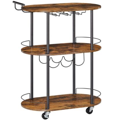 Bar Cart for Home, 3-Tier Wine Cart with Lockable Wheels, Rolling Kitchen Cart with Wine Rack and Glass Holders for Kitchen, Living Room, Dining Room, Rustic Brown and Black