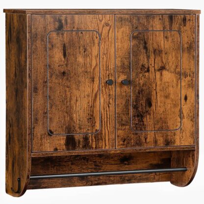 bathroom wall cabinet, medicine cabinet with adjustable shelf and blanket bar, over the toilet space saver storage cabinet with metal hooks, for kitchen, rustic brown