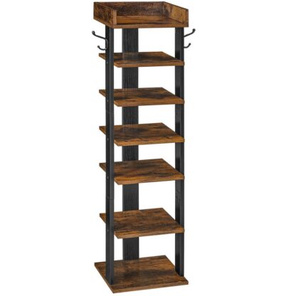 Vertikal sko rack, 7 Tier skooppbevaringsarrangør med kroker, Smal sko rack for 7 Par, Plassbesparende, Stabil og sterk, for inngangsparti, Skap, Soverom, Rustikk brun